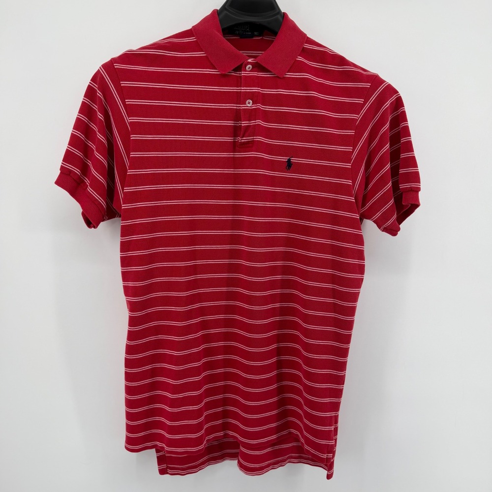 Polo Ralph Lauren Polo Shirt Mens L Red Striped Short Sleeve Pique Made USA flaw